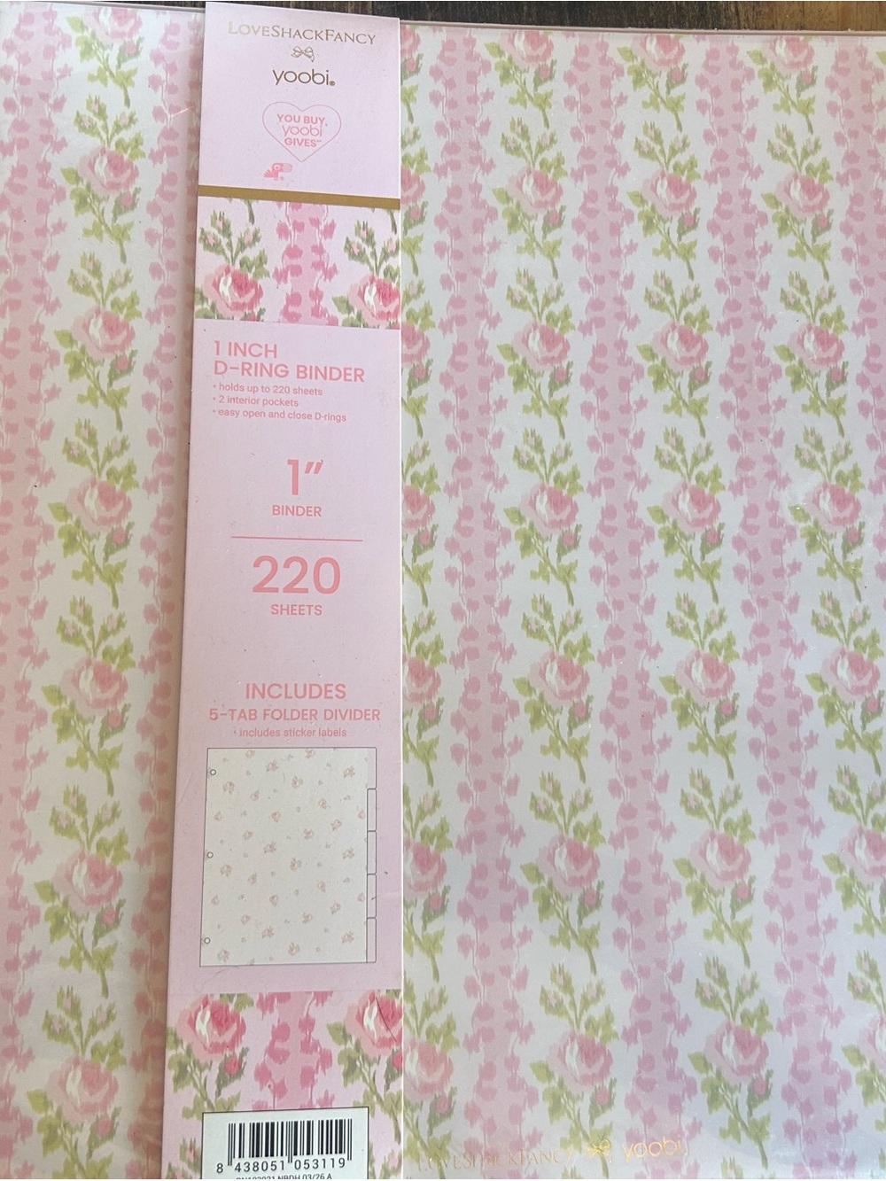yoobi x LoveShackFancy 1 in D-Ring Binder Pink/Green Floral Clear Cover NWT